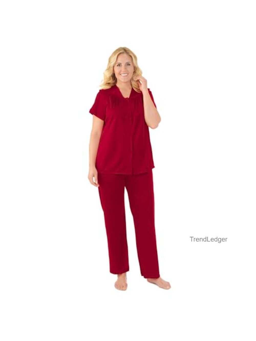 Silky Nylon Tricot 2-Piece Pajama Set with Short Sleeve Top & Pants